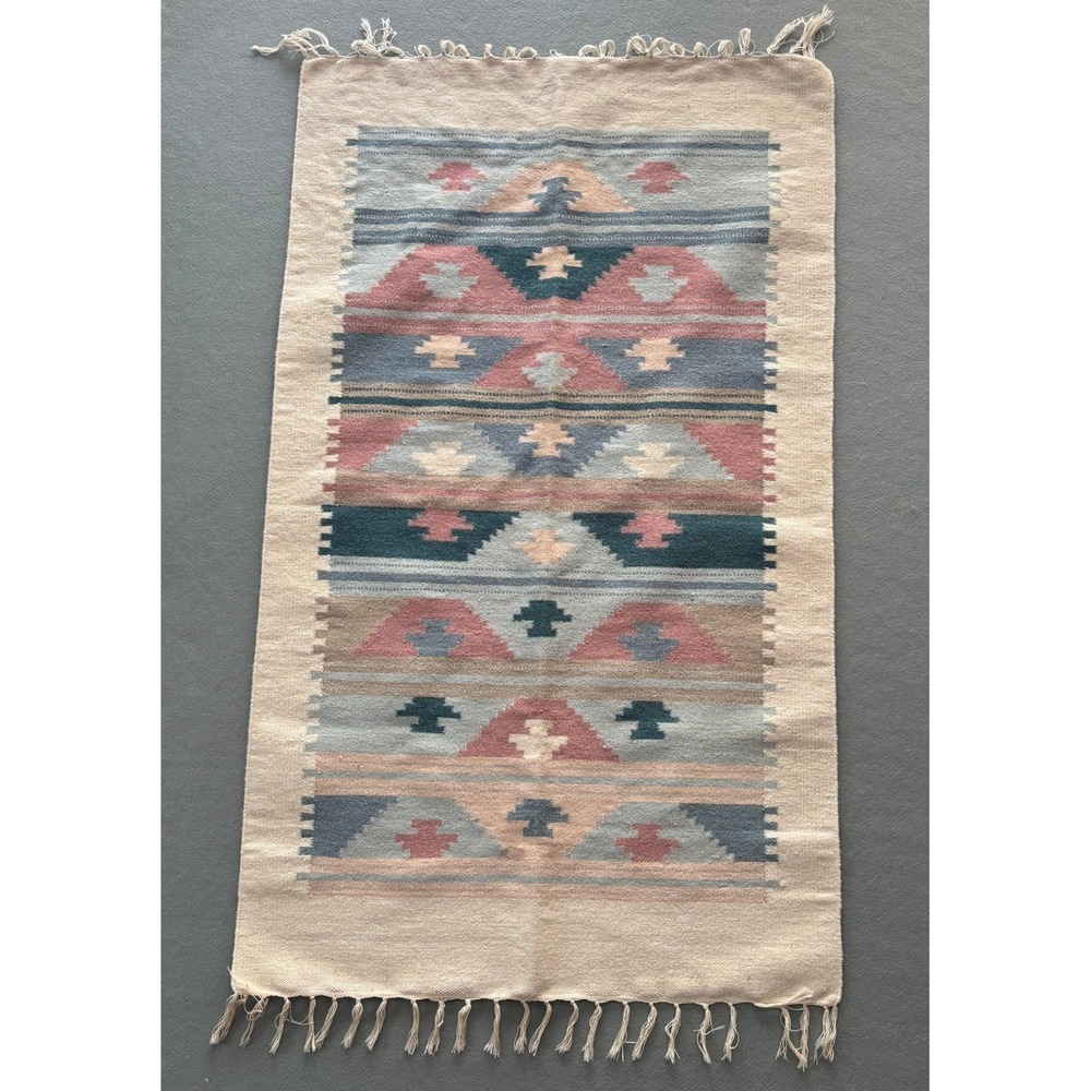 VTG Turkish Anatolian Kilim Rug Pastel Tribal Geometric Handwoven Wool 30"x53"